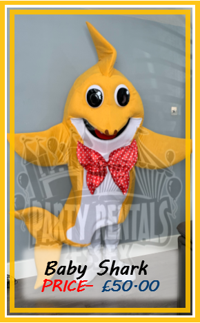 Yellow Baby Shark Mascot Costume Hire In Essex